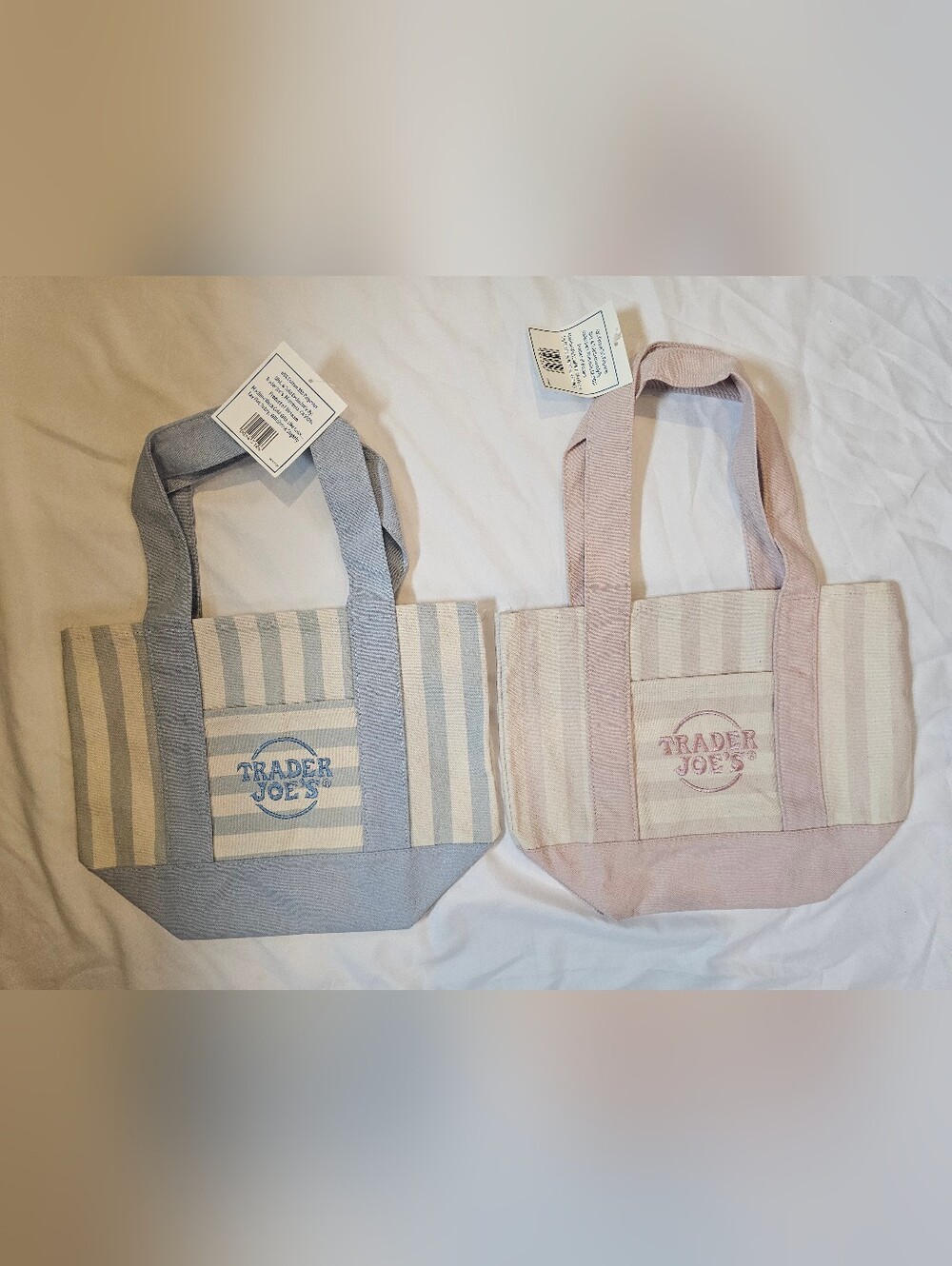 Set Of Two Viral Trader Joe's Striped Mini Totes- Pink And Blue